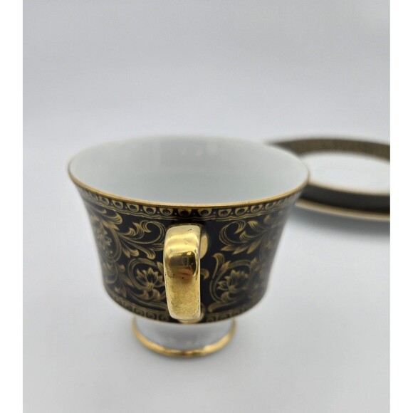 Vintage Sango China Japan Richelieu 3756 Black Gold Cup Saucer Dessert Plate Set - Picture 9 of 15